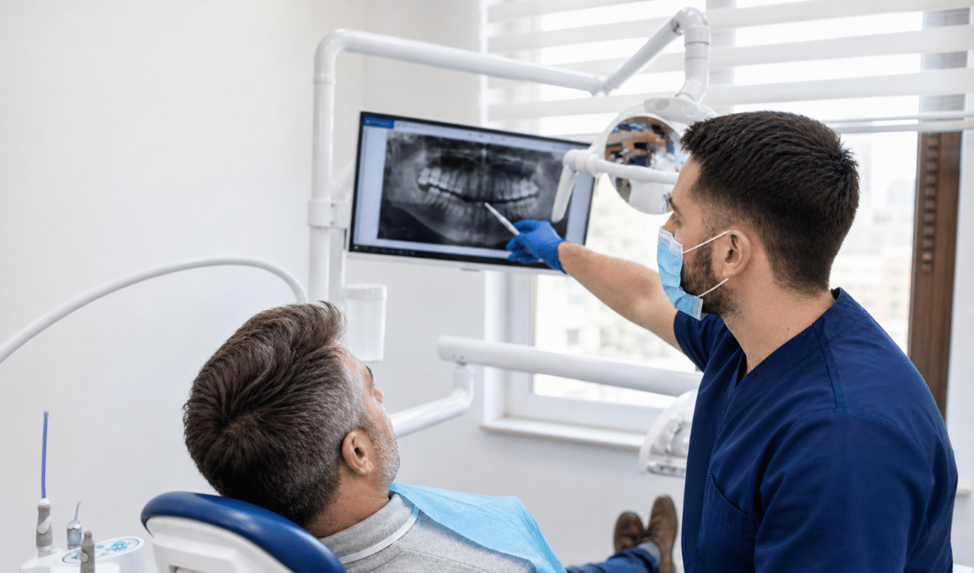 Emergency Dental Visit Cost in Welland, ON | Urgent Care Emergency dental visit cost in Welland: dentist reviewing a dental X-ray with a patient during urgent care