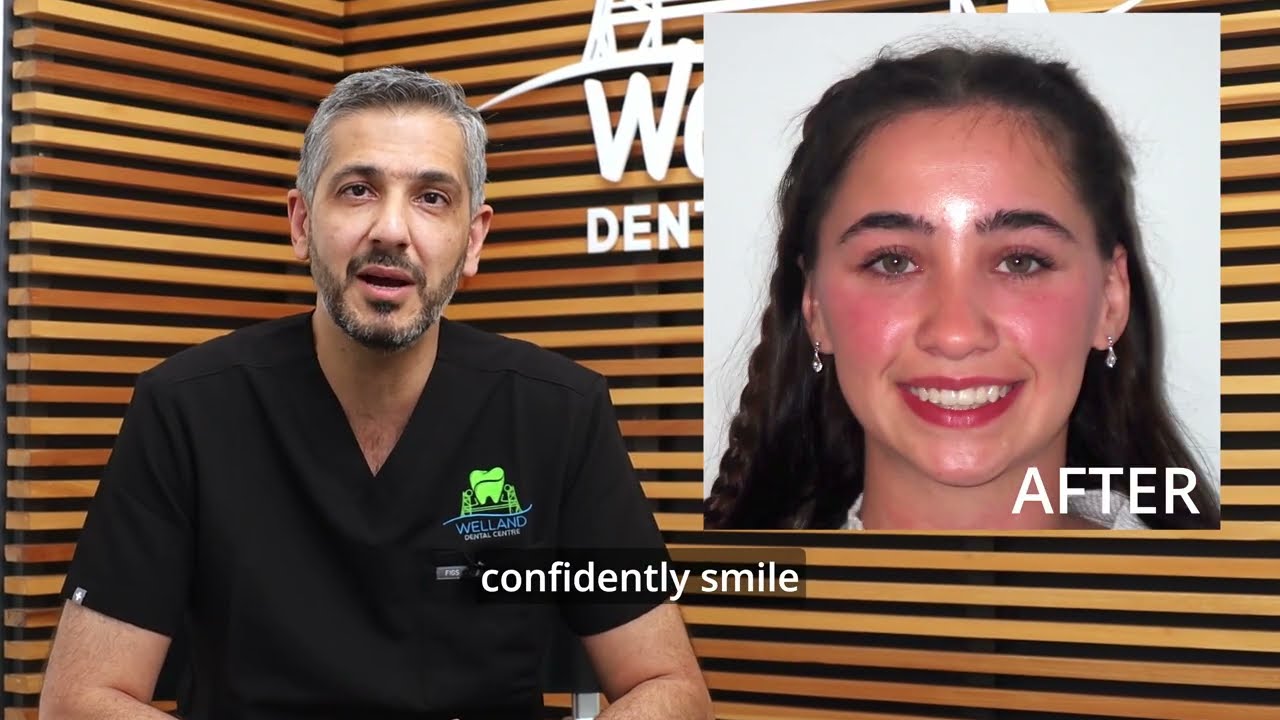 Dr. Mudhar Al-Bayati in clinic scrubs beside an after-treatment photo of a smiling patient at Welland Dental Centre