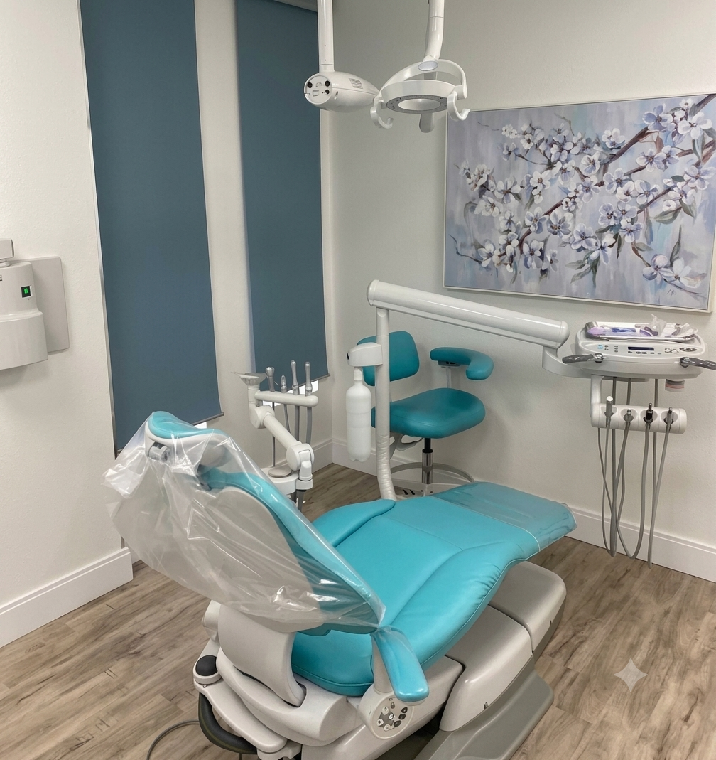 Teal dental chair in a calm private treatment room
