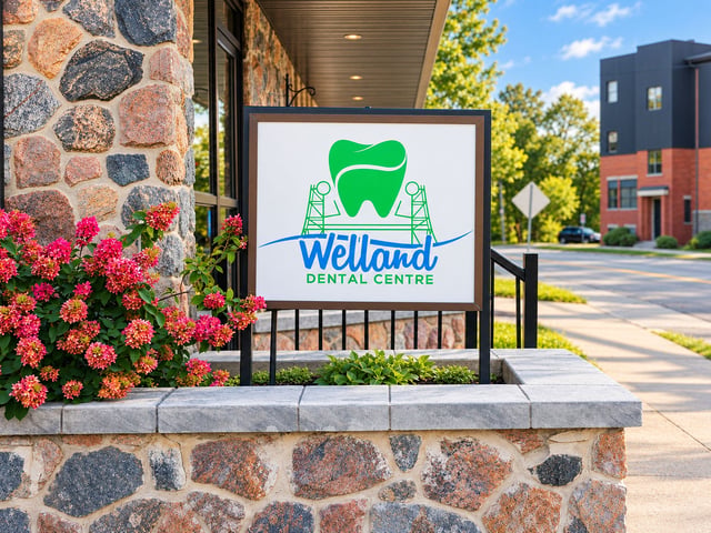 Welland Dental Centre sign beside the clinic entrance