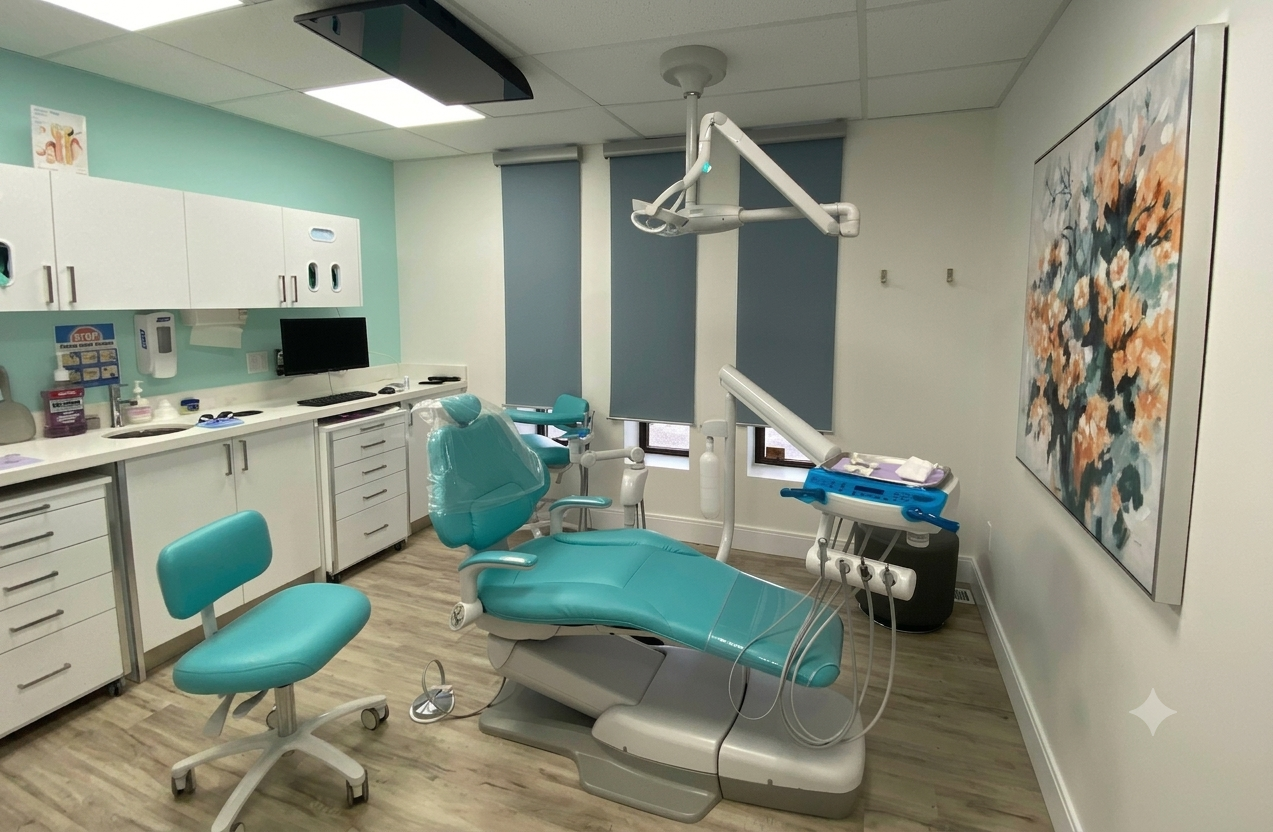 Fully equipped operatory with teal dental chair and natural light