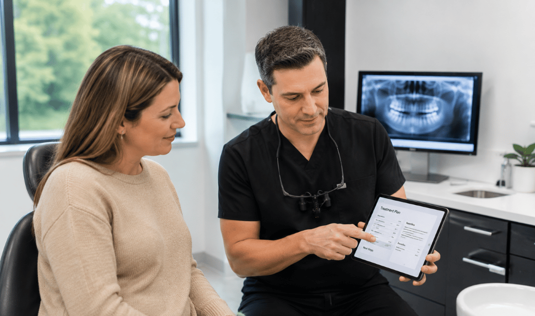 CDCP Emergency Dental Care in Welland, ON | Coverage Plan CDCP emergency dental care in Welland: dentist reviewing a tablet treatment plan and coverage with a patient