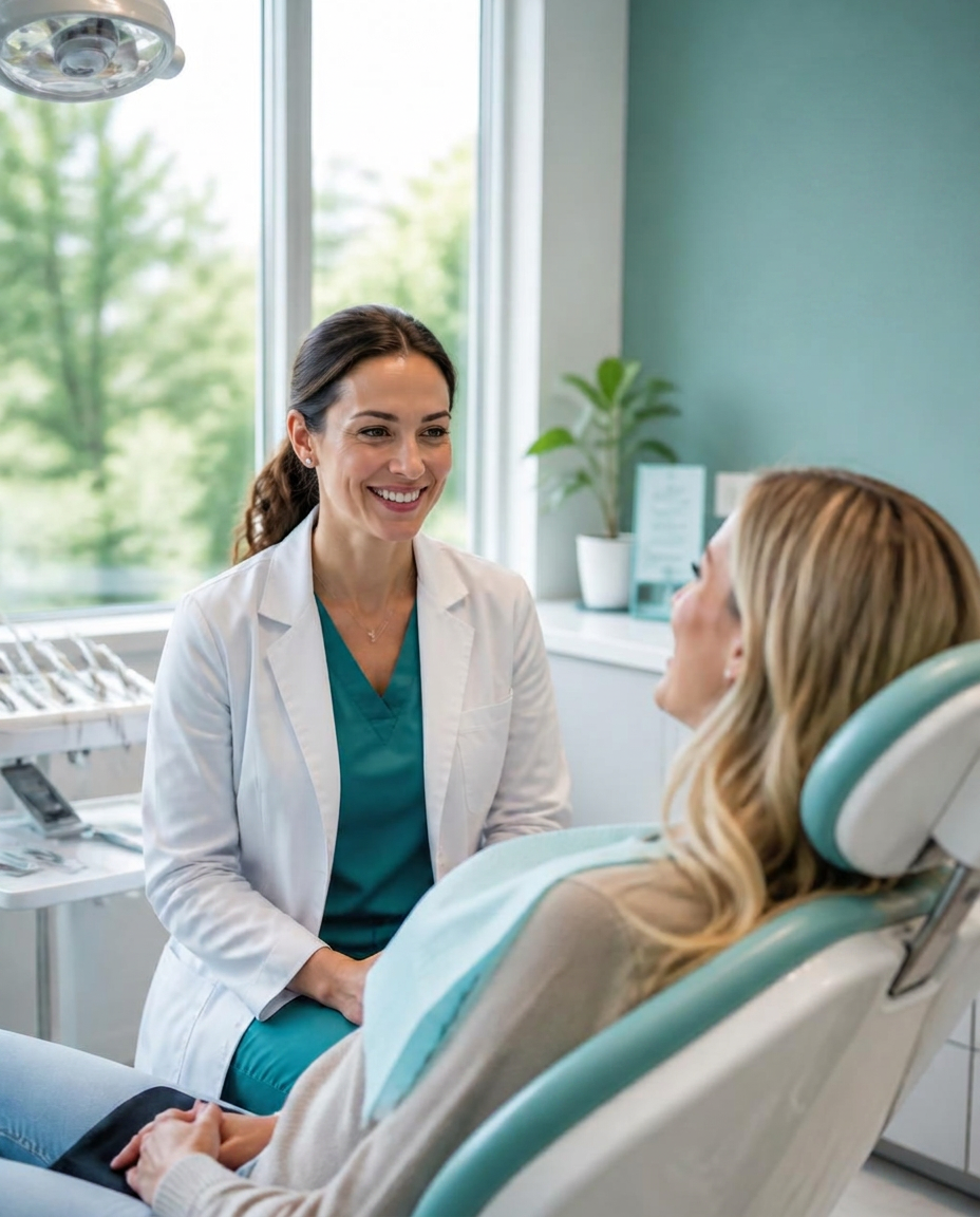 Dentist smiling with a patient in a bright Welland Dental Centre treatment room